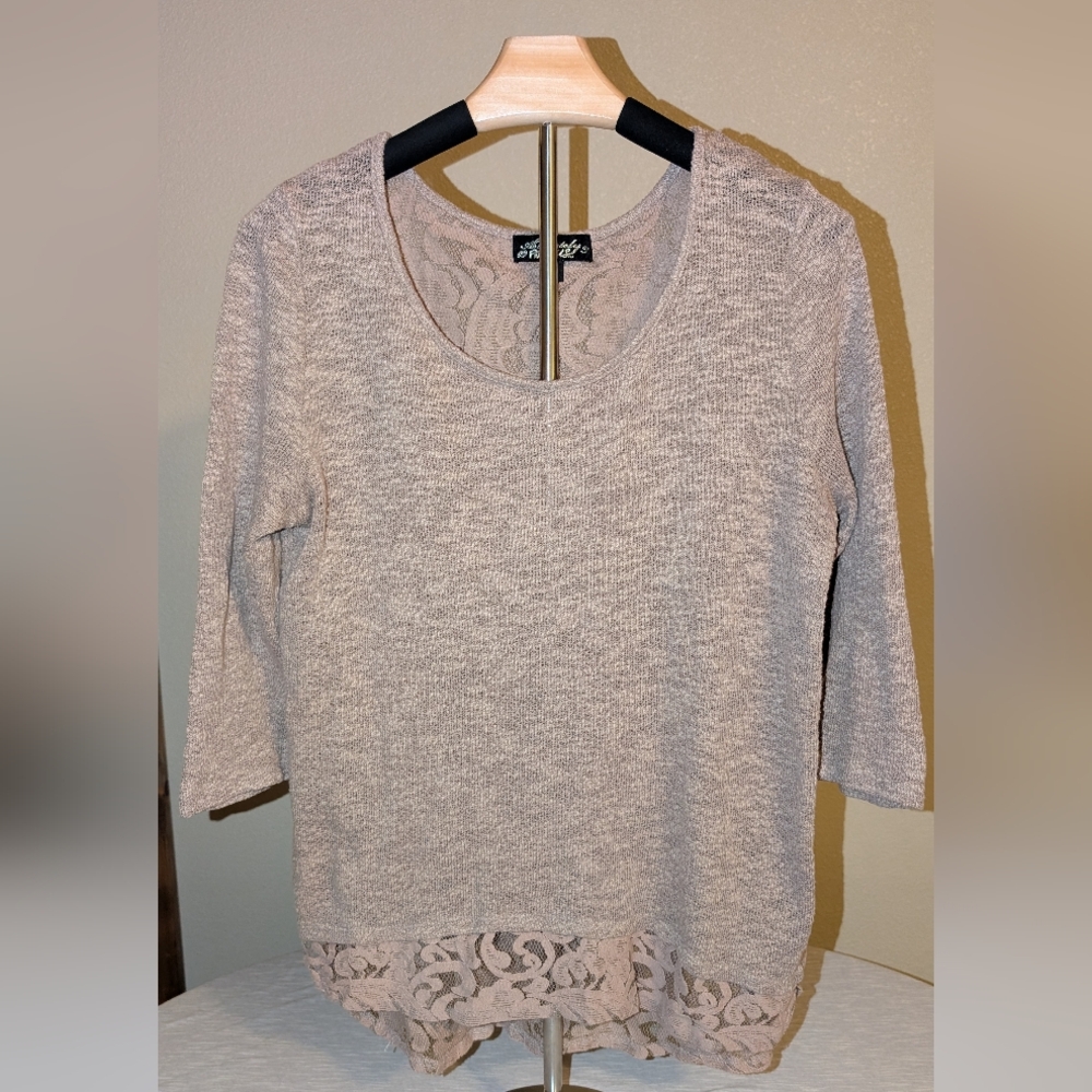 Absolutely Famous Tan Lace Trim Blouse- Med